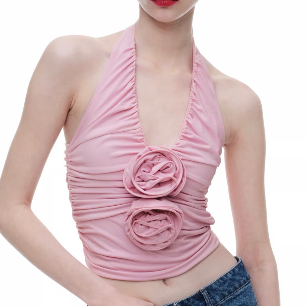 NEW Magda Butrym x H&M Rose-Appliquéd Pink Halterneck Top Applique Size XS